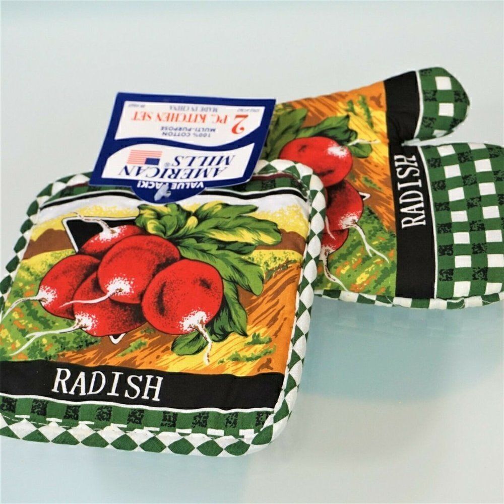 Kitchen Oven Mitt and Pot Holder Set Radish American Mills Quilted Heat Resist
